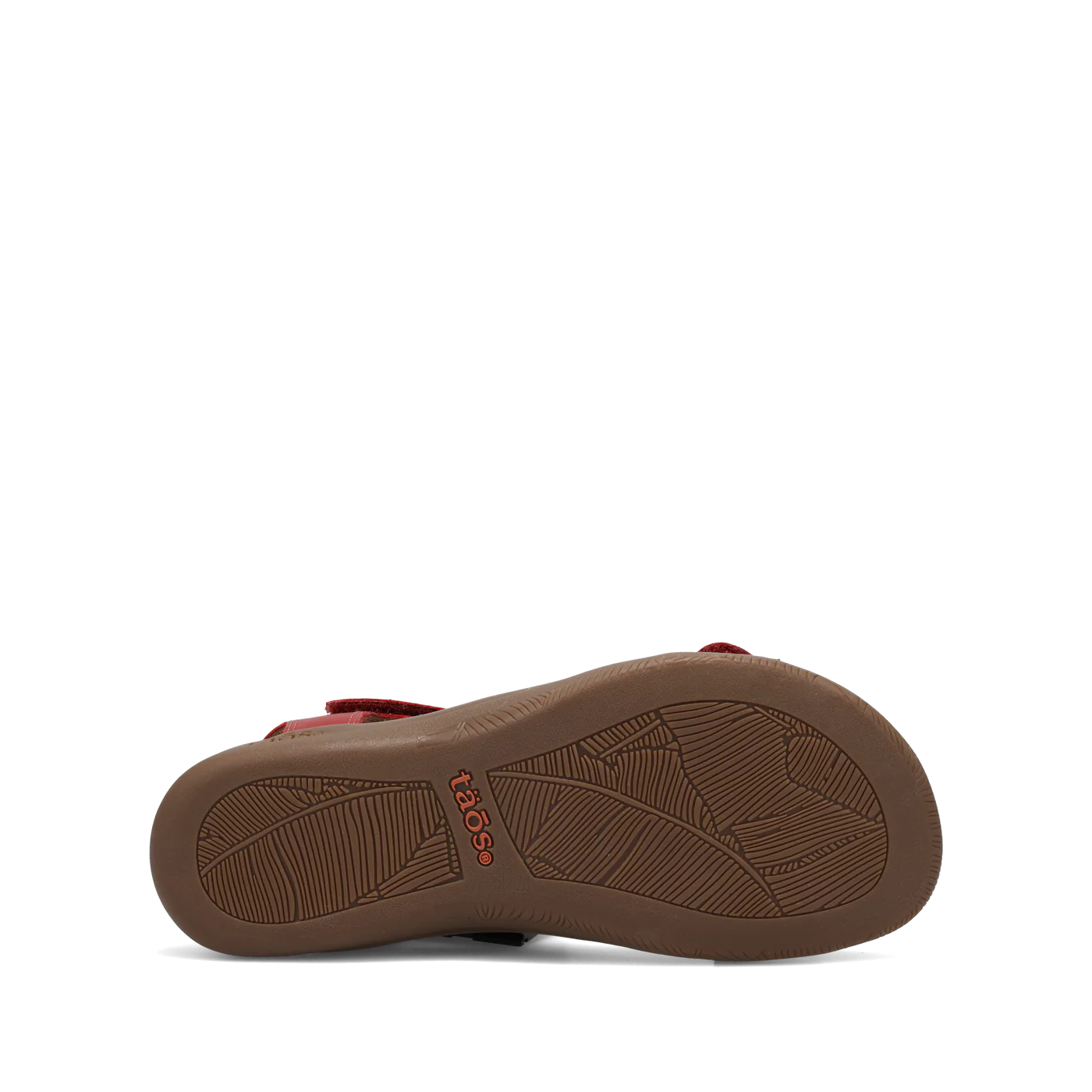 View of red Taos sandal featuring a T-strap design with adjustable straps and a cushioned footbed for comfort.