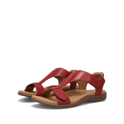 Side view of  a pair of red Taos sandals featuring a T-strap design with adjustable straps and a cushioned footbed for comfort.