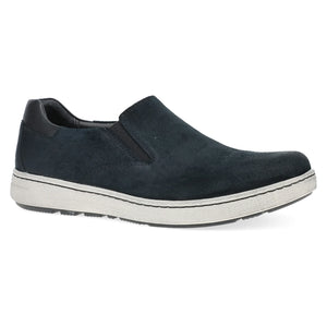 Men's black burnished slip-on suede shoes with elastic sides, cushioned sole, and casual versatile design.