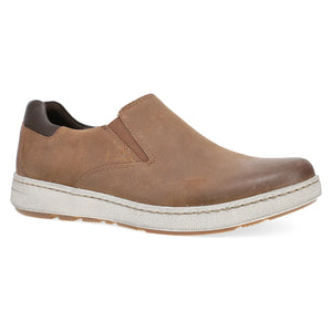 Men's brown burnished slip-on suede shoes with elastic sides, cushioned sole, and casual versatile design.