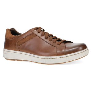 Men's tan burnished calf leather sneakers with lace-up design, cushioned sole, and casual yet stylish look.