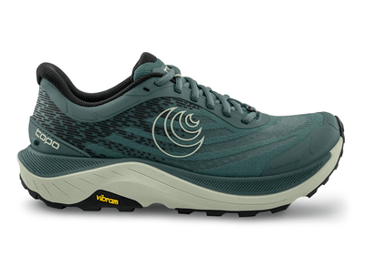 Topo Athletic trail running shoe in forest green with a breathable mesh upper, cushioned midsole, Vibram outsole for grip, and beige Topo branding for a rugged yet comfortable design.