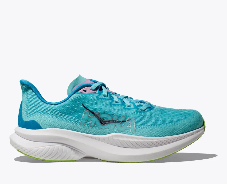 Side view of a turquoise HOKA running shoe with breathable mesh uppers, reflective HOKA logo, pink accents on the tongue, and a thick white cushioned sole with lime green detailing on the outsole.