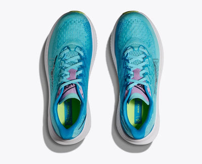 Top-down view of a pair of turquoise HOKA running shoes with breathable mesh uppers, pink accents on the tongue, reflective HOKA logo on the sides, and lime green insoles for a vibrant and lightweight design.