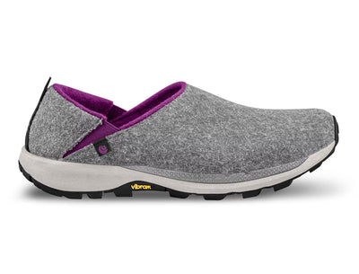 Grey wool Topo recovery slip-on with purple lining, 3D Wave Sense footbed, and Vibram XS Trek EVO outsole; side view.